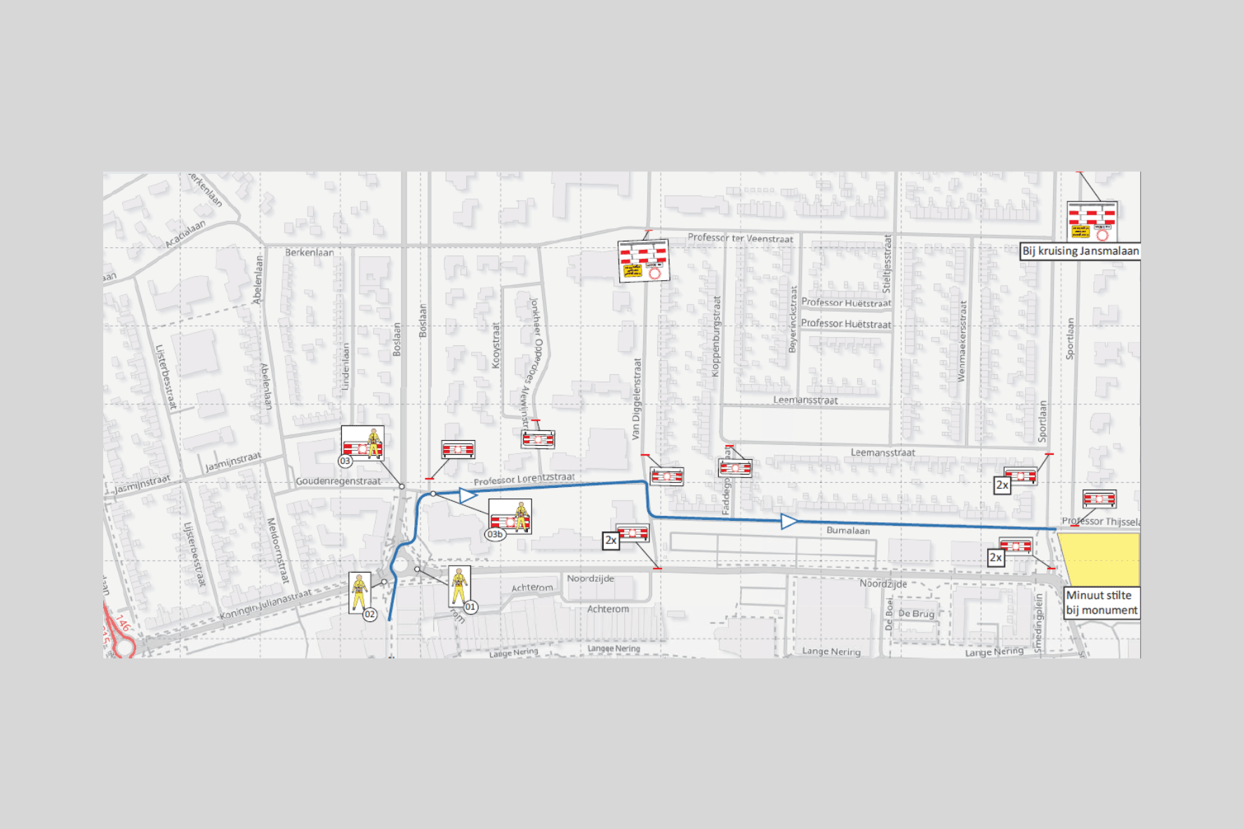 Getekende plattegrond van het deel van Emmeloord waar de stille tocht langsgaat. Aangegeven staat waar afsluitingen zijn.